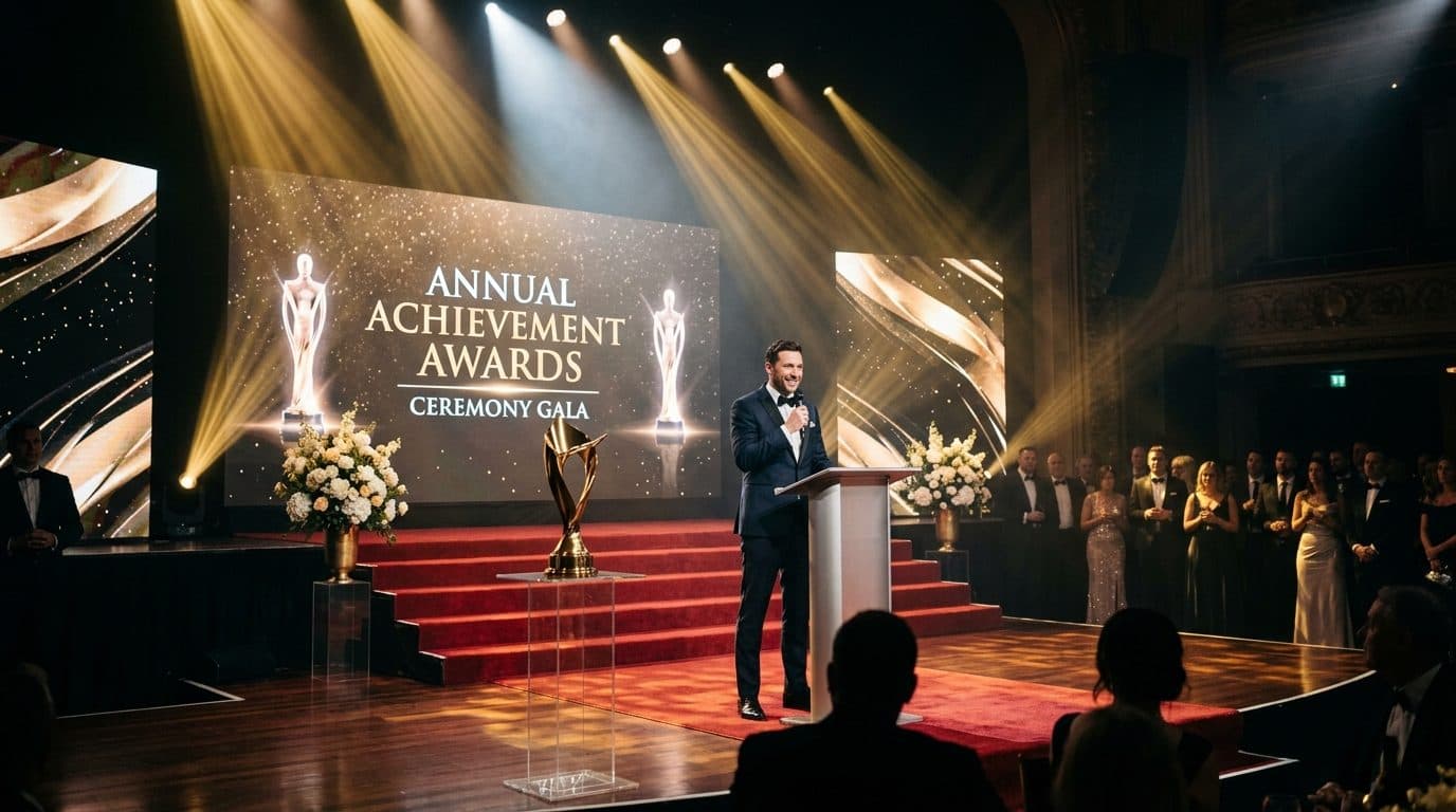 A host speaking at the podium on a red-carpet awards stage beneath a large ceremony screen