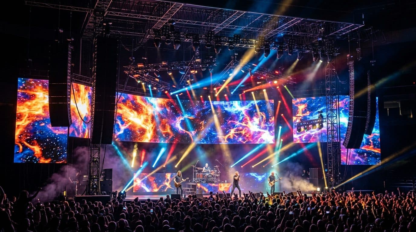 Concert-scale LED video walls and beam lighting running above a packed standing audience