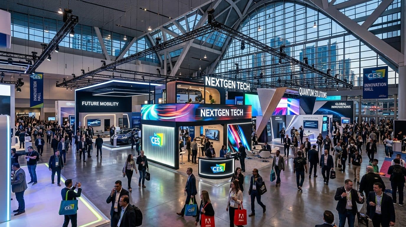 Visitors walking between branded exhibition stands in a large trade-show hall