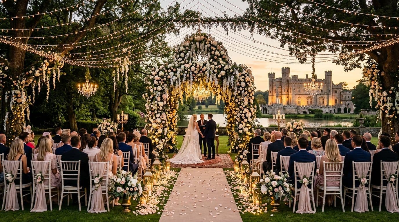 An outdoor wedding ceremony beneath a floral arch, with guests seated facing the aisle
